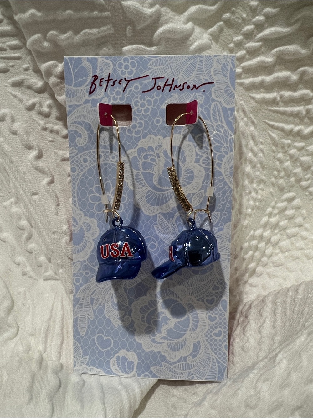 Betsy Johnson USA Ball Cap Hat Earrings with Rhinestones